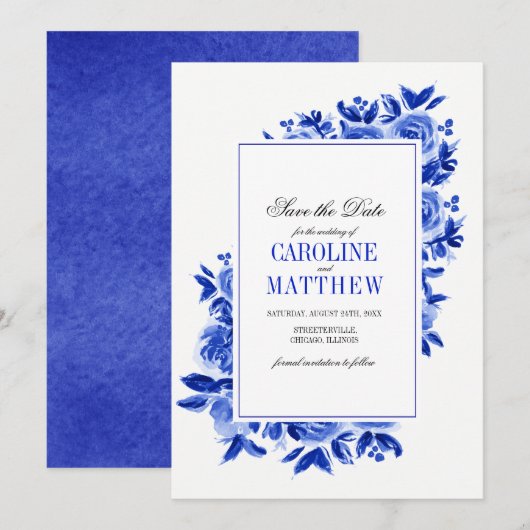 Save the date. Royal Blue Floral Wedding Cards Kaart (Voorkant / Achterkant)