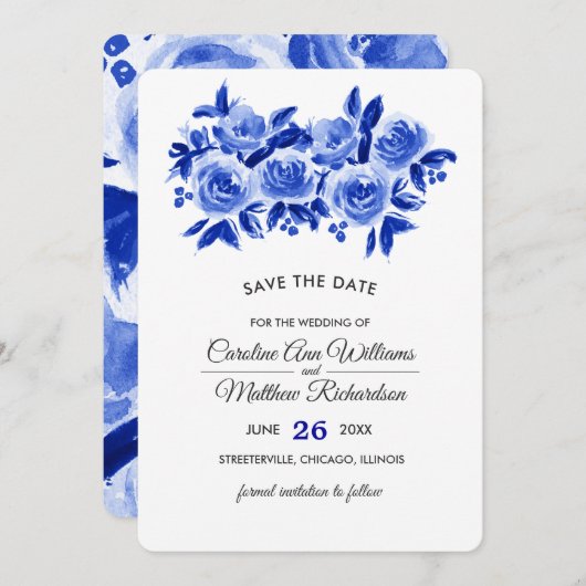 Save the date. Royal Blue Floral Wedding Cards Save The Date (Voorkant / Achterkant)