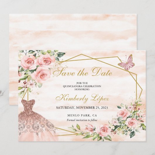 Save the Date Roze Bloemen (Voorkant / Achterkant)