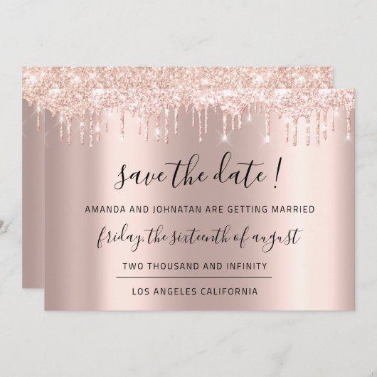 Save The Date Roze Goud Glitter Drips Bruiloft (Voorkant / Achterkant)