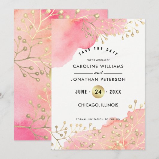 Save the date. Roze Perzik Botanische Waterverf Date (Voorkant / Achterkant)
