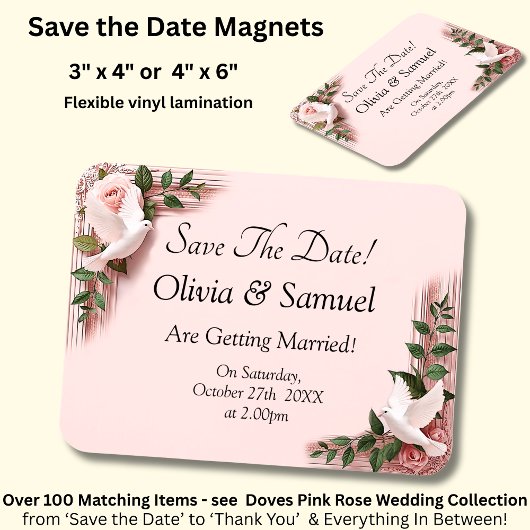 Save The Date - Roze Rozen & Duiven Bruiloft Magneet