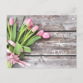 Save the Date - Roze Tulpen & Hout Aankondigingskaart