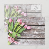 Save the Date - Roze Tulpen & Hout Aankondigingskaart (Voorkant / Achterkant)