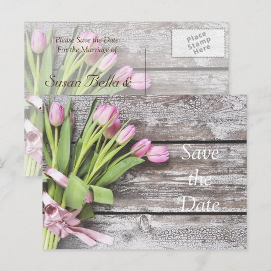 Save the Date - Roze Tulpen & Hout Aankondigingskaart (Voorkant / Achterkant)