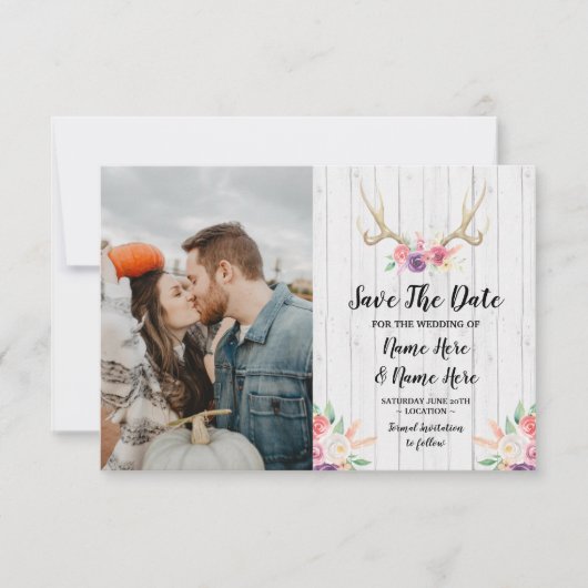 Save The Date Rustic Geweien Herten Bloem Foto (Voorkant)