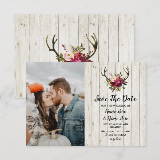 Save The Date Rustic Geweien Herten Bloem Foto (Voorkant / Achterkant)