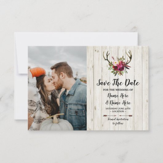 Save The Date Rustic Geweien Herten Bloemen Foto (Voorkant)