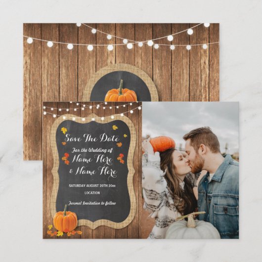 Save the date Rustic Pumpkin Chalk Wood Uitnodigen (Voorkant / Achterkant)