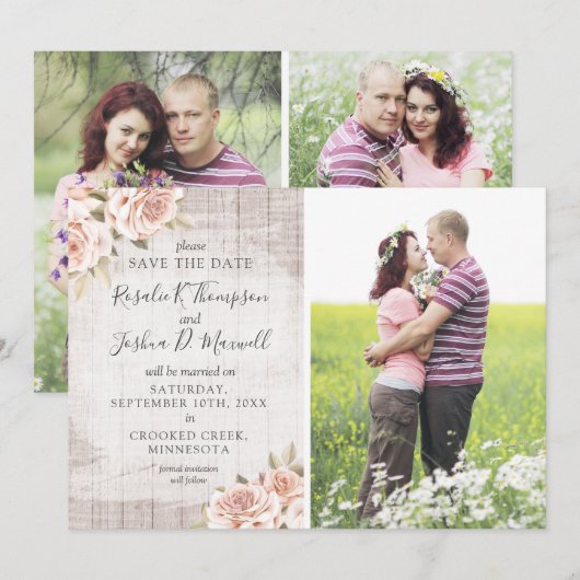 Save The Date Rustic Romantic Roses 4-foto kaart (Voorkant / Achterkant)