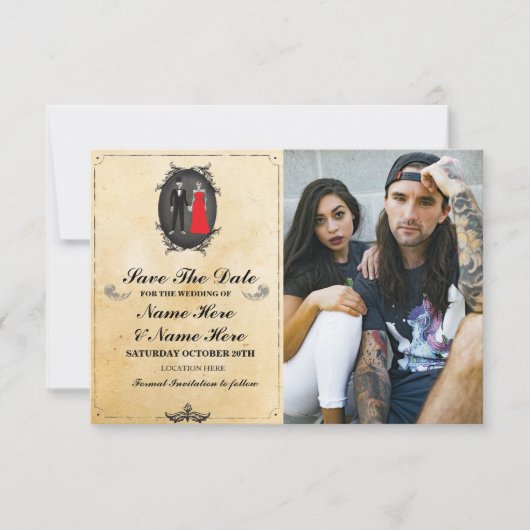 Save The Date Rustic Schedels Fotokaart Gotisch (Voorkant)