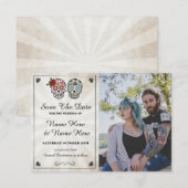 Save The Date Rustic Sugar Skulls Fotokaart (Voorkant / Achterkant)