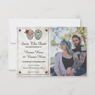 Save The Date Rustic Suiker Schedels Fotokaart