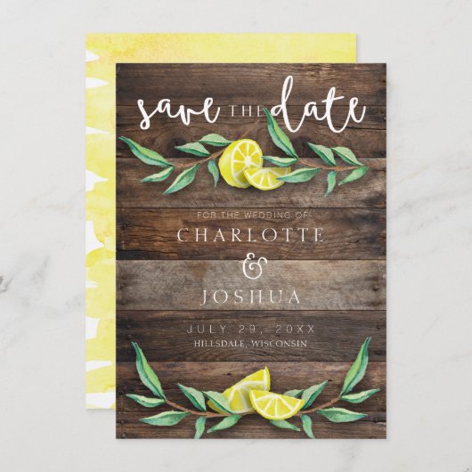Save the date | Rustic Wood Lemon Wedding Kaart (Voorkant / Achterkant)