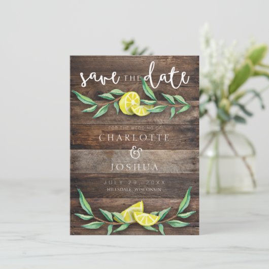 Save the date | Rustic Wood Lemon Wedding Kaart (Staand voorkant)