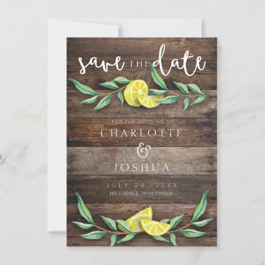 Save the date | Rustic Wood Lemon Wedding Kaart (Voorkant)