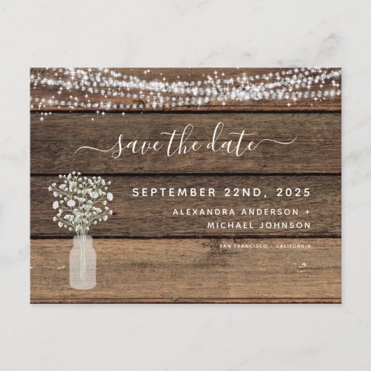 Save the Date Rustieke Boerderij Slingerlichtjes Aankondigingskaart (Voorkant)