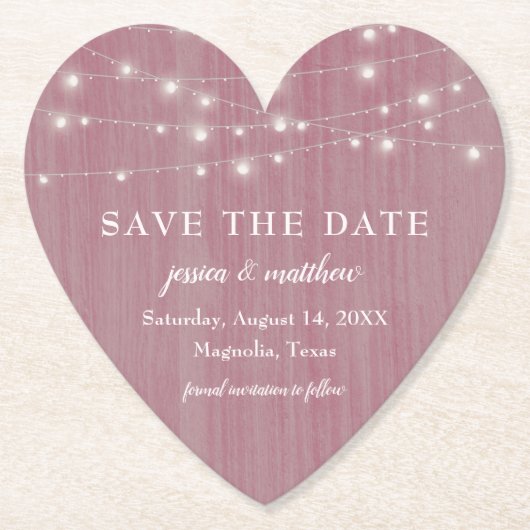 Save the Date Rustieke boerderij String Lights Roz Kartonnen Onderzetters (Voorkant)