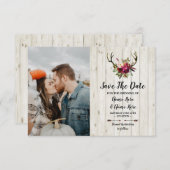 Save The Date Rustieke Geweien Herten Bloem Foto (Voorkant / Achterkant)