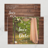 Save the Date Rustieke Houten Perzik Mason Jar Bru Aankondigingskaart (Voorkant / Achterkant)