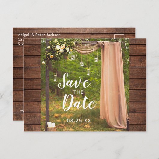 Save the Date Rustieke Houten Perzik Mason Jar Bru Aankondigingskaart (Voorkant / Achterkant)