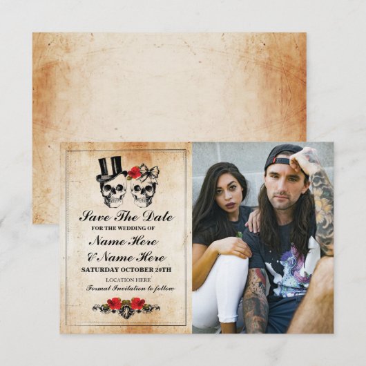 Save The Date Rustieke Schedels Fotokaart Gotisch (Voorkant / Achterkant)