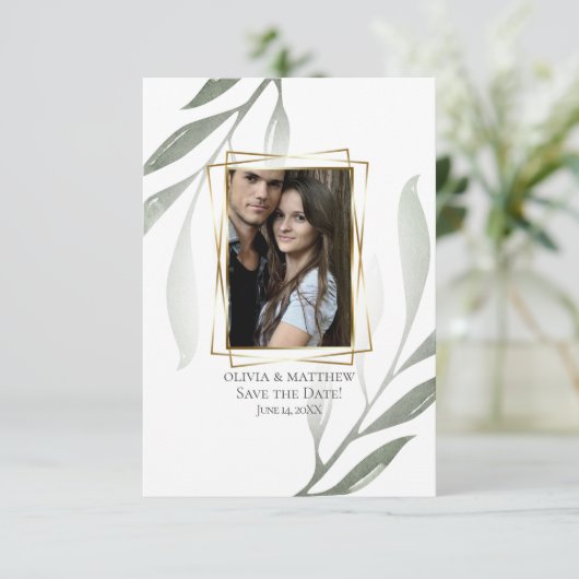 Save the date | Sage Green Olive Branch Waterverf Kaart (Staand voorkant)