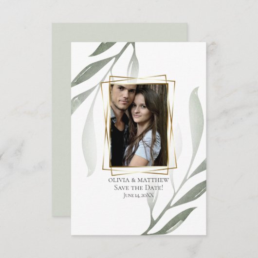 Save the date | Sage Green Olive Branch Waterverf Kaart (Voorkant / Achterkant)
