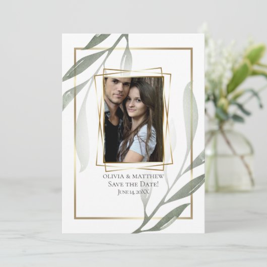 Save the date | Sage Green Olive Branch Waterverf Kaart (Staand voorkant)
