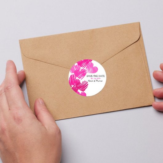 Save the Date Schattigee roze handgetekende harten Ronde Sticker