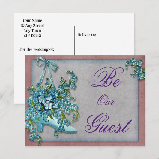  Save the Date Schoenblauw Bloemen Lint Aankondigingskaart (Voorkant / Achterkant)