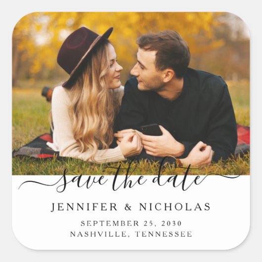 Save The Date Script Foto Verlovingskaart  Vierkante Sticker (Voorkant)