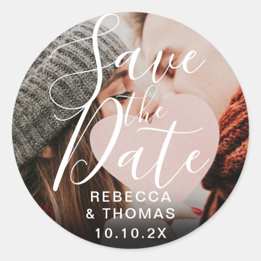 Save the Date Script Persoonlijke Namen Foto Ronde Sticker (Voorkant)