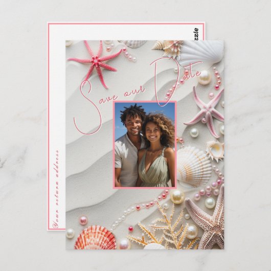 Save the Date Seashells Parels Starfish Beach Briefkaart (Voorkant / Achterkant)
