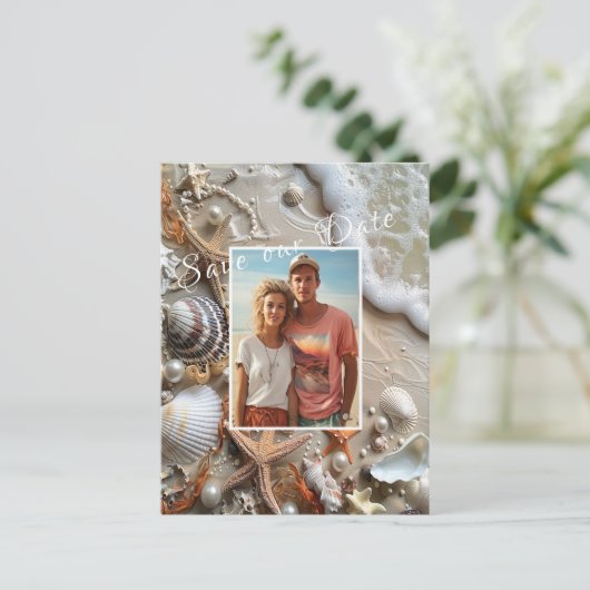 Save the Date Seashells Parels Starfish Beach Briefkaart (Staand voorkant)