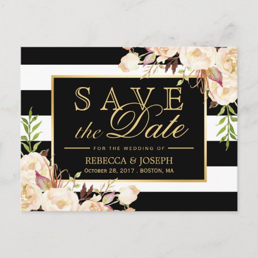 Save the Date - Shades of Ivory Floral Stripes Aankondigingskaart (Voorkant)