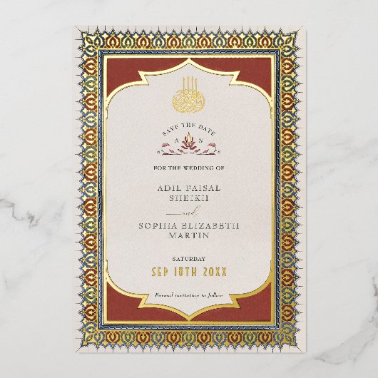 Save the Date Sieraden Goud Moslim Islamitische Fo Folie Uitnodiging (Voorkant)