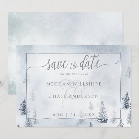 Save the date | Silver Blue Winter Wonderland (Voorkant / Achterkant)