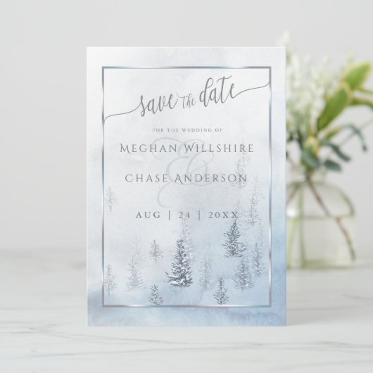Save the date | Silver Blue Winter Wonderland (Staand voorkant)