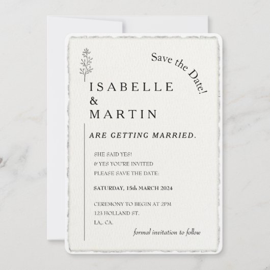 Save the Date Simple Faux Deckled Edge Wedding Kaart (Voorkant)