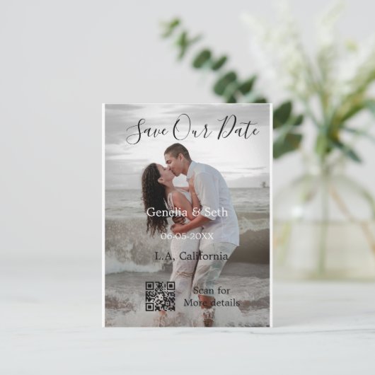 Save the date simple minimal QR scan code details Briefkaart (Staand voorkant)