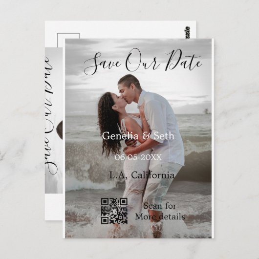 Save the date simple minimal QR scan code details Briefkaart (Voorkant / Achterkant)