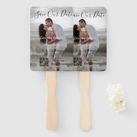 Save the date simple minimal QR scan code details Handwaaier (Voorkant en achterkant)