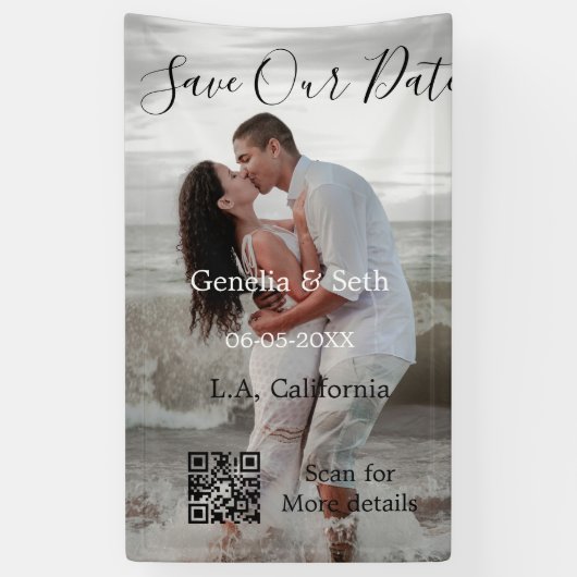 Save the date simple minimal QR scan code details Spandoek (Verticaal)