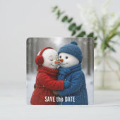 Save The Date Snowman Couple in Snowflakes Kaart (Staand voorkant)