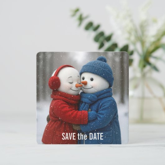 Save The Date Snowman Couple in Snowflakes Kaart (Staand voorkant)