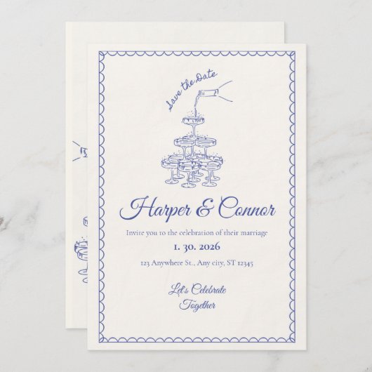 Save the Date: Speelse blauwe viering Kaart (Voorkant / Achterkant)