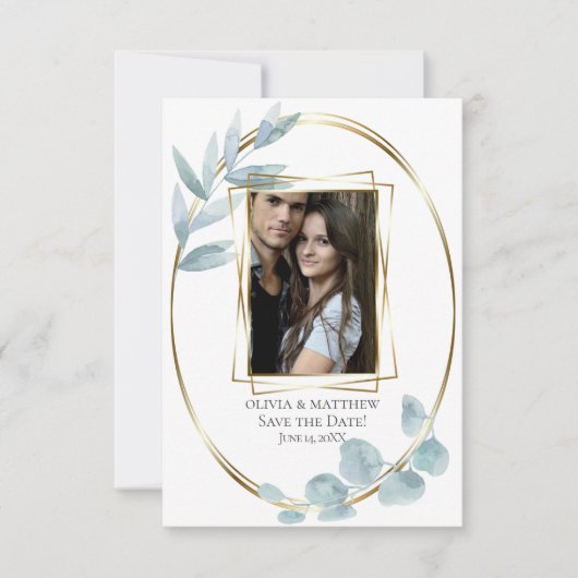 Save the date | Stamblauwe Waterverf Eucalyptus Kaart (Voorkant)