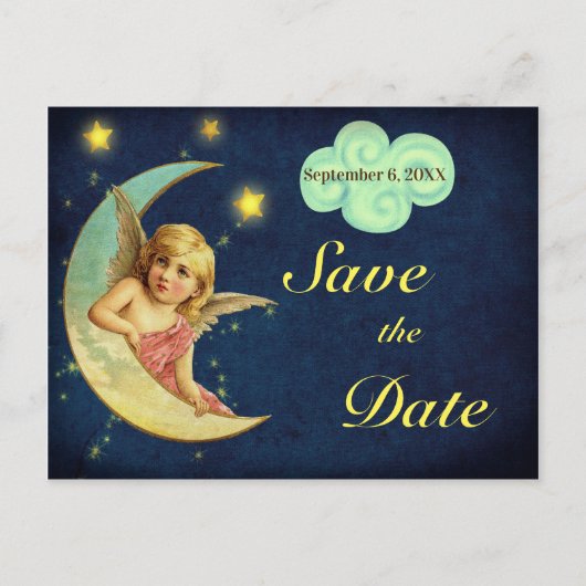  Save the Date Star Moon Angel Wings Cherub Aankondigingskaart (Voorkant)