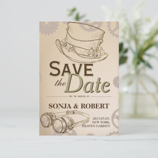 Save the Date - Steampunk Pet en Google (Staand voorkant)